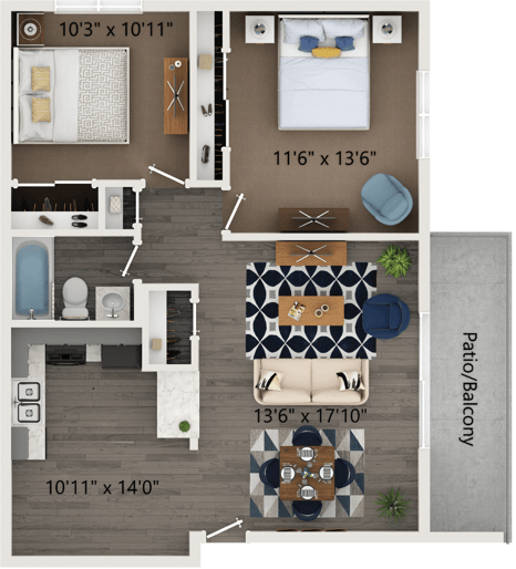 Floor plan for 2 beds, 1 bath, 1034 sqft
